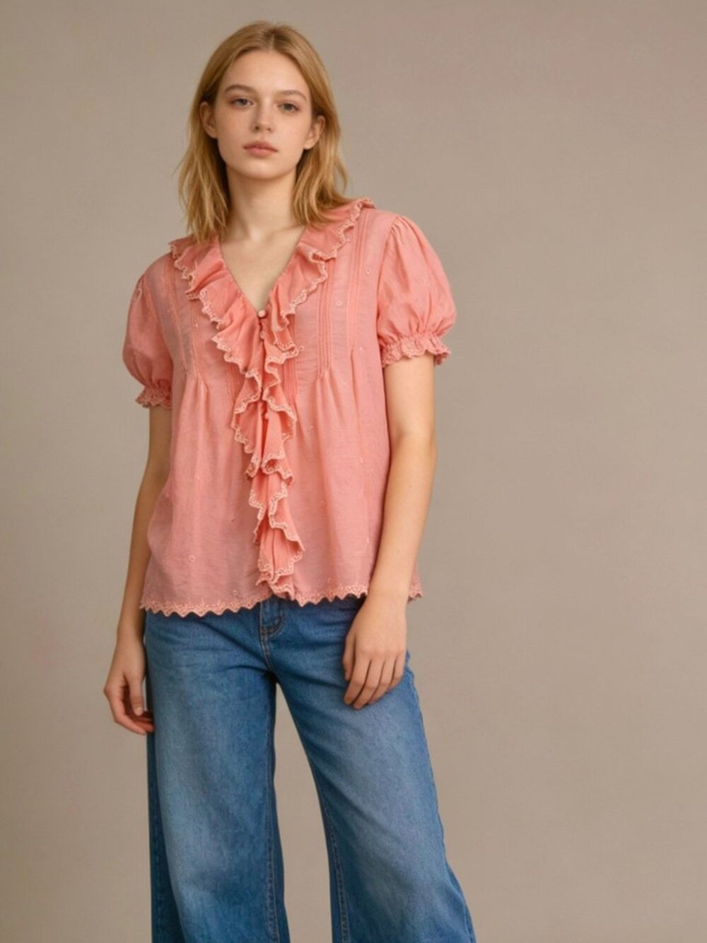 NWOT Johnny Was Floral Embroidered Ruffles Shirt Blouse Pink Size L